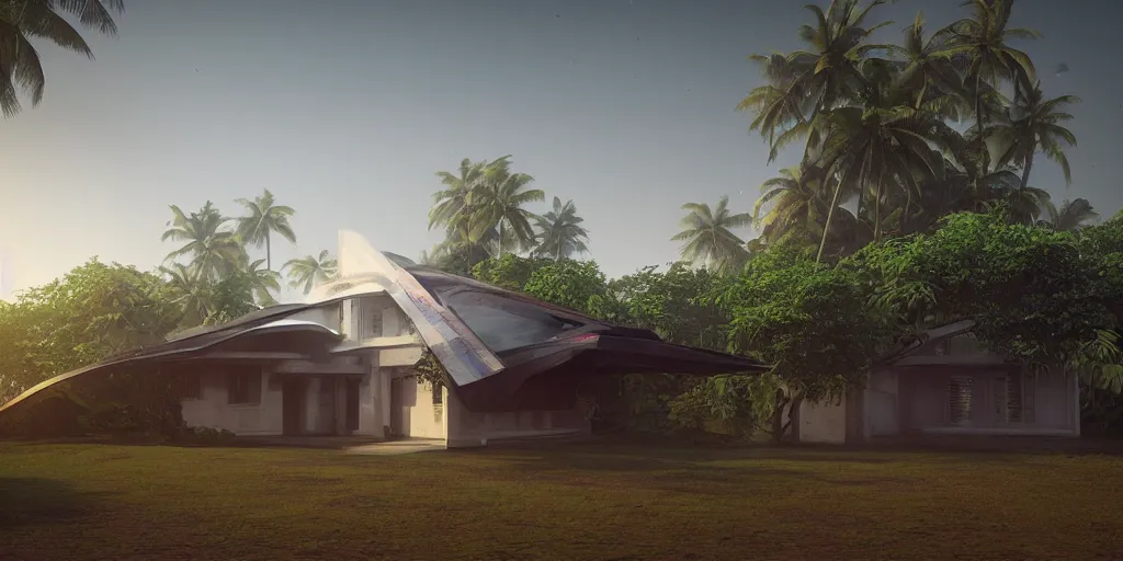 Image similar to a spaceship parked infront of a house in a kerala village, diffuse light, octane render, 4k, matte painting, cinematic