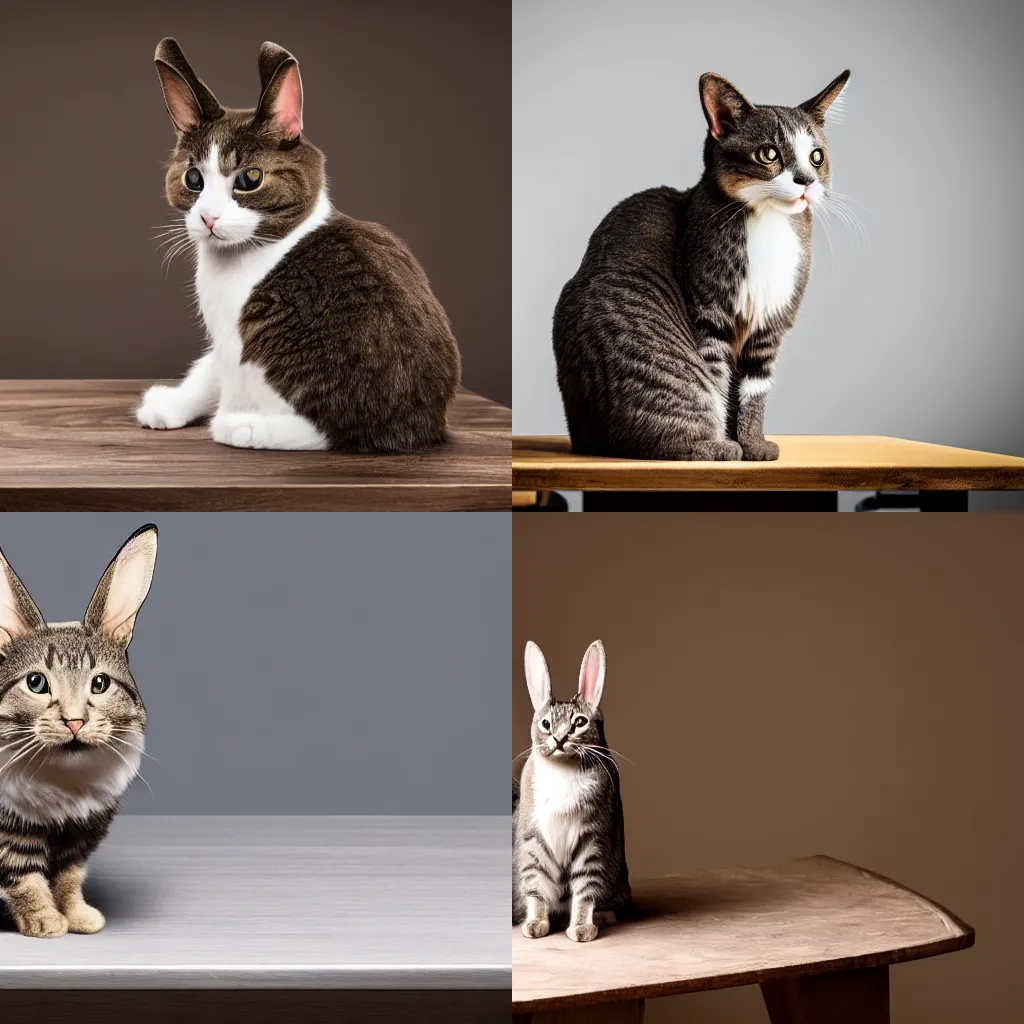 Prompt: a photo of a cat bunny hybrid, sitting on a table, 4k, highly detailed, sharp focus, award winning photo