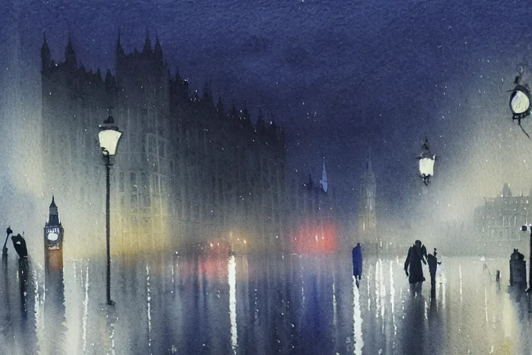 Prompt: a watercolour of rainy night at London ,blue and grey theme by Josepth zbukvic