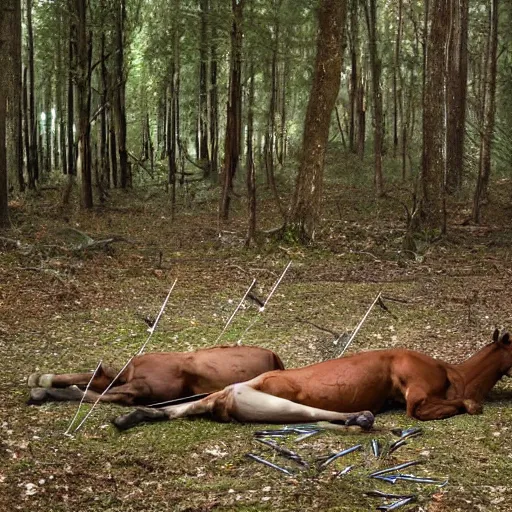 Image similar to two dead horses with many arrows on their body, lying on the woods path, dense thickets on each side, photo, 8 k