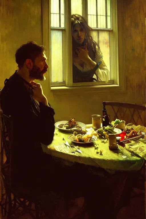 Prompt: hyperrealist portrait of a man eating dinner. by jeremy mann and alphonse mucha, fantasy art, photo realistic, dynamic lighting, artstation, poster, volumetric lighting, very detailed faces, 4 k, award winning