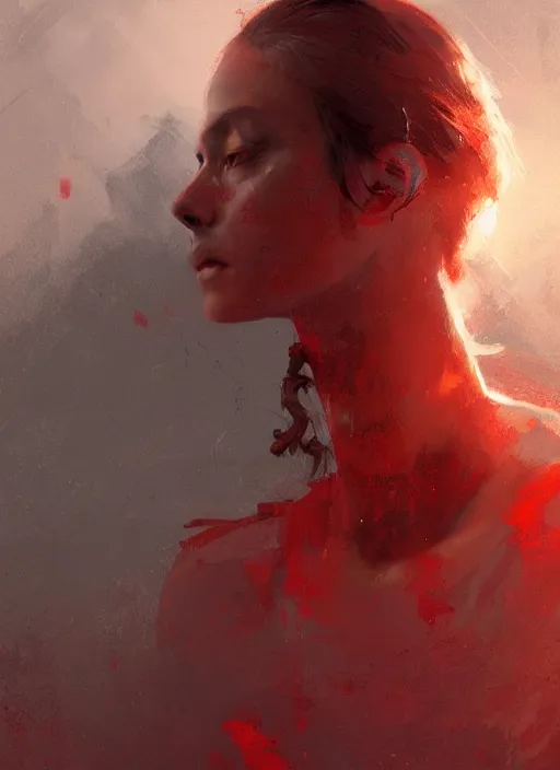 Image similar to female geshia girl, beautiful face, rule of thirds, intricate outfit, spotlight, concept art, red tones, digital painting, by greg rutkowski, by jeremy mann,