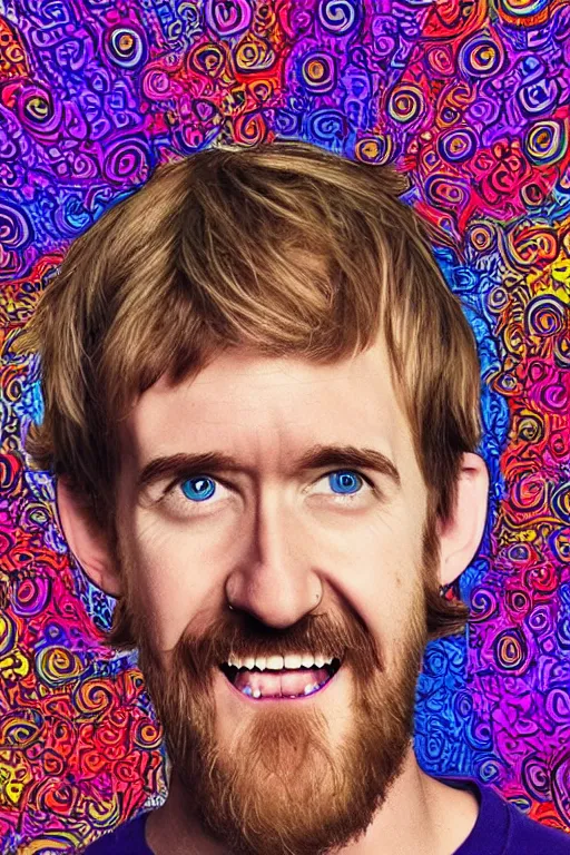 Prompt: inspirational style hope poster of shaggy bo burnham with beard, psychedelic colors, highly detailed, photograph, loving