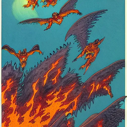 Prompt: vision of hell with winged demons flying over the flames, art by moebius