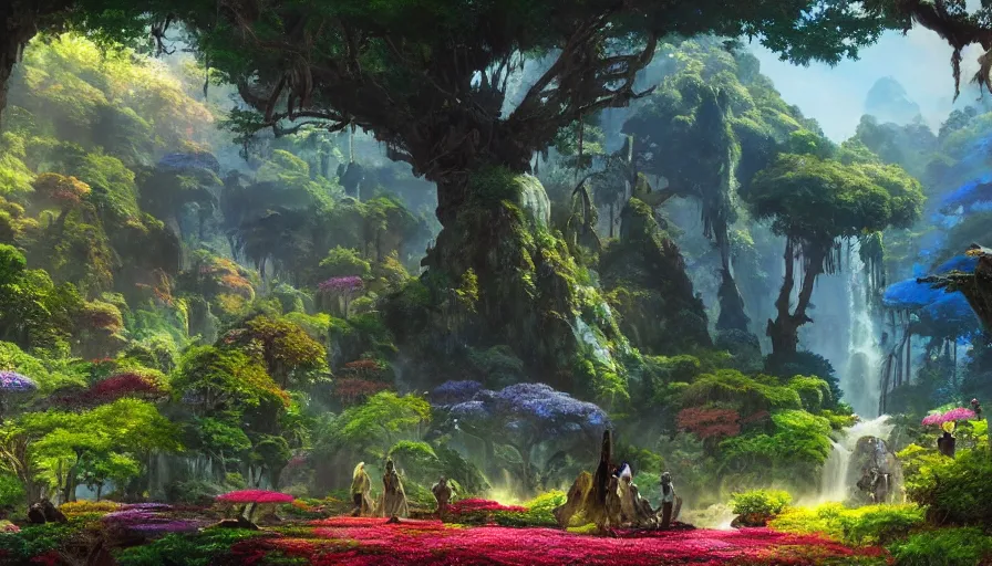 Prompt: craig mullins and ghibli digital illustration of the beastlands, avatar ( 2 0 0 9 ), lush landscape, jungle landscape, colorful, flowers unreal engine, hyper realism, realistic shading, cinematic composition, realistic render, octane render, detailed textures, photorealistic, wide shot,