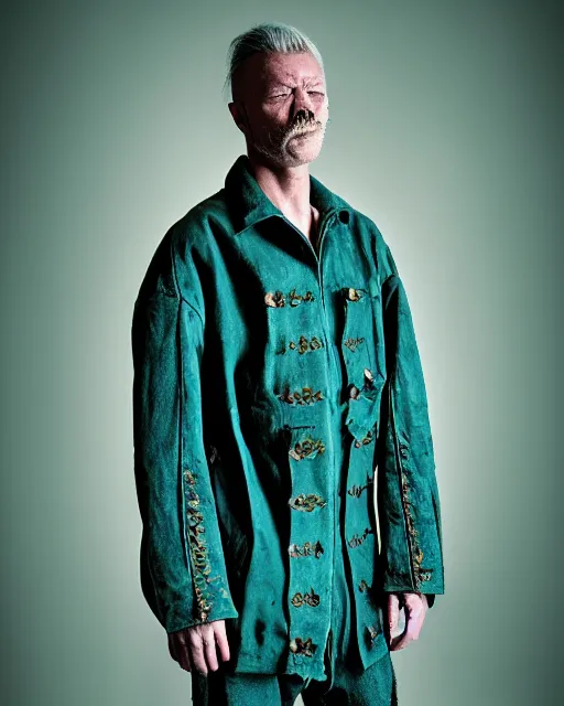 Prompt: an award - winning photo of an ancient male model wearing a plain baggy teal distressed medieval designer menswear military jacket designed by alexander mcqueen, 4 k, studio lighting, wide angle lens, 2 0 0 4