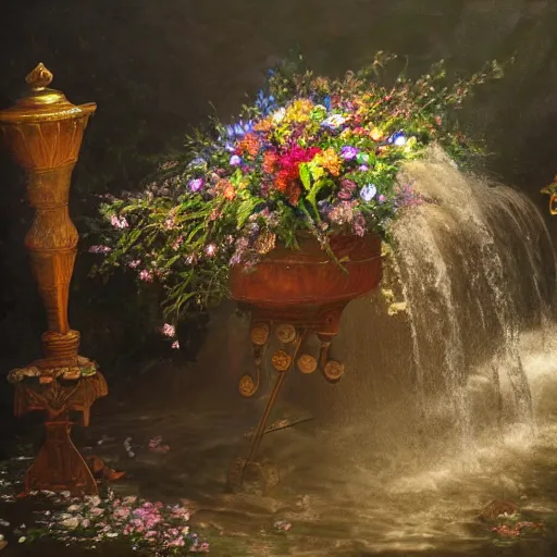 Prompt: waterfall coming out of a calliope instrument, covered in flowers, photography, trending on pixiv, 4k, cinematic lighting, realistic painting