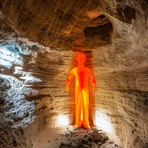 Prompt: photo inside a cave of a building and a giant orange glowing transparent humanoid of one thousand feet of height