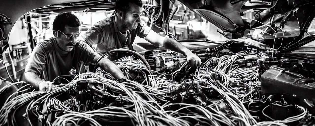 Image similar to a mechanic working on a car, with an engine made of spaghetti, facial expression, canon 5 0 mm, cinematic lighting, photography, retro, film, kodachrome, closeup