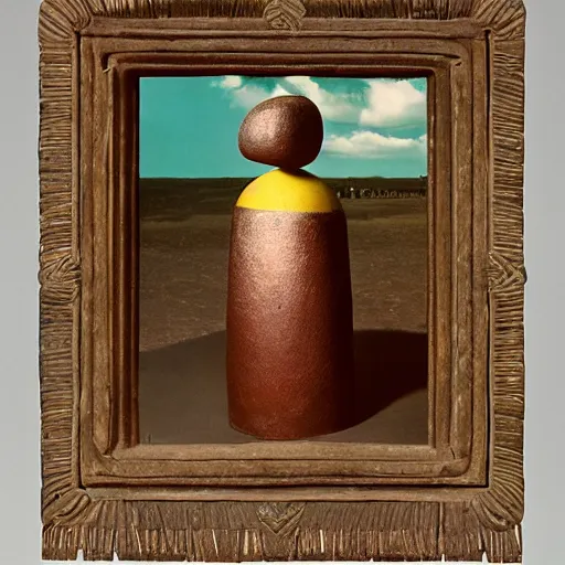 Image similar to A three color offset photography of single surrealist object on display, anthropology of wonder, (((surrealism))), exotic artifacts, colonial expedition, exhibition, 60s style