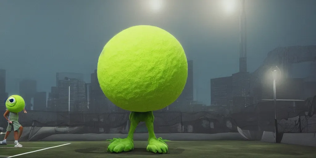 Image similar to a photo of 8 k ultra realistic giant tennis ball monster statue, tennis ball monsters, exotic, cinematic lighting, trending on artstation, 4 k, hyperrealistic, focused, high details, unreal engine 5, cinematic, alien planet atmosphere in background, 3 d render by basil gogos and beeple