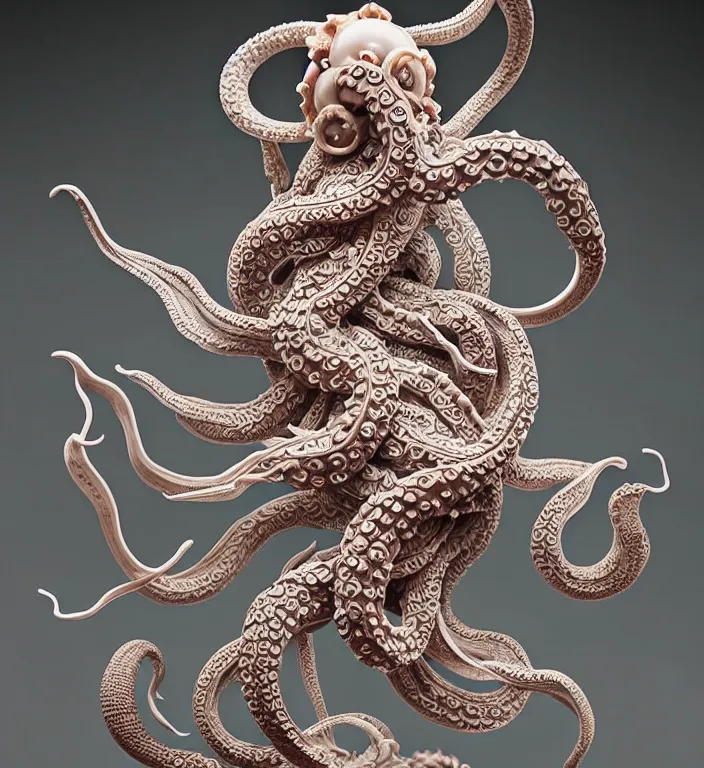 Image similar to Kraken, A Close up photo-real delicate ceramic porcelain sculpture of a symmetrical ornate detailed in front of an intricate background by Victo Ngai and takato yamamoto, micro detail, backlit lighting, face in focus, subsurface scattering, translucent, thin porcelain, octane renderer, colorful, physically based rendering, japanese pottery, trending on cgsociety