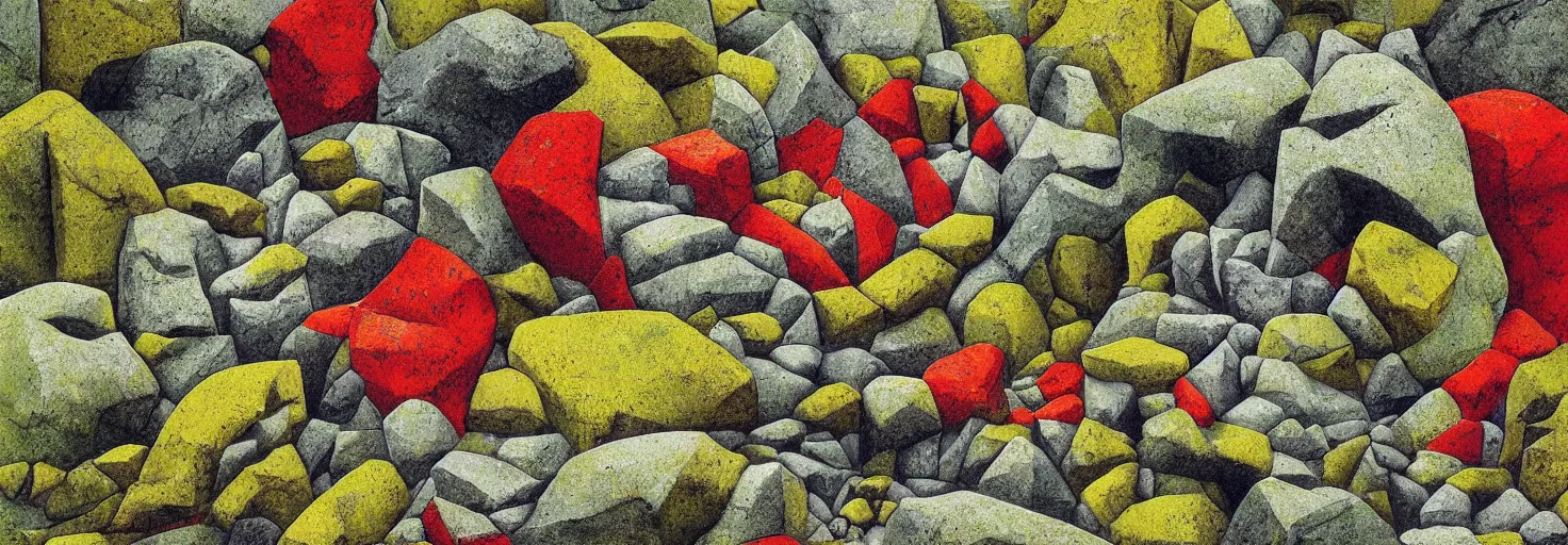 Image similar to a rock garden by m. c. escher, yellow, green, red, snowy, ultra sharp, ultra detailed, cyberpunk, happy, uplifting, colorized by salvador dali