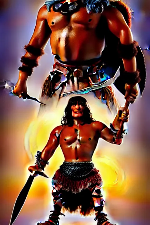 Prompt: art by pixar. conan the barbarian swings a sword. sunny. rim light!! cute. handsome. cocky!! sharp edges. opening scene. poster art. sense of awe. strong jaw. ultra clear detailed