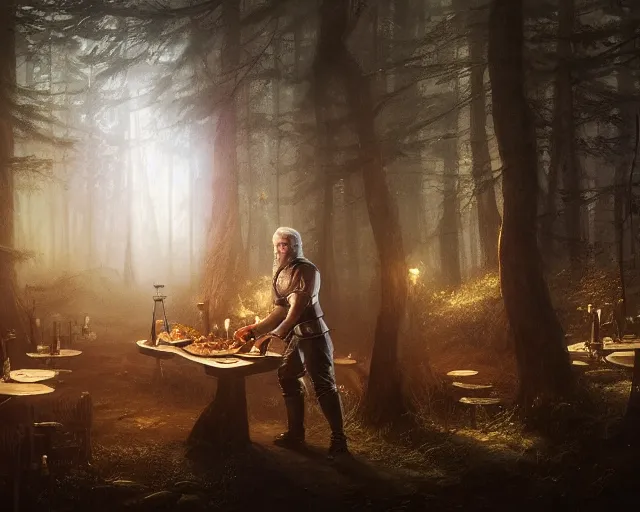 Image similar to 5 5 mm portrait photo of geralt of rivia serving shawarma, in a magical forest. dark atmosphere. art by greg rutkowski. highly detailed 8 k. intricate. lifelike. soft light. nikon d 8 5 0.