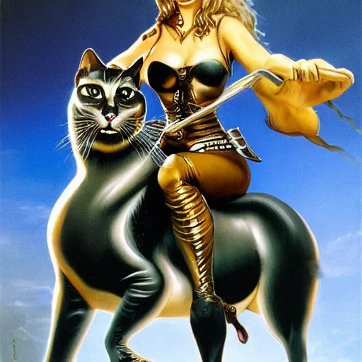 Prompt: a serious looking girl riding on a large fat black and white cat wearing armor, painted by Boris Vallejo