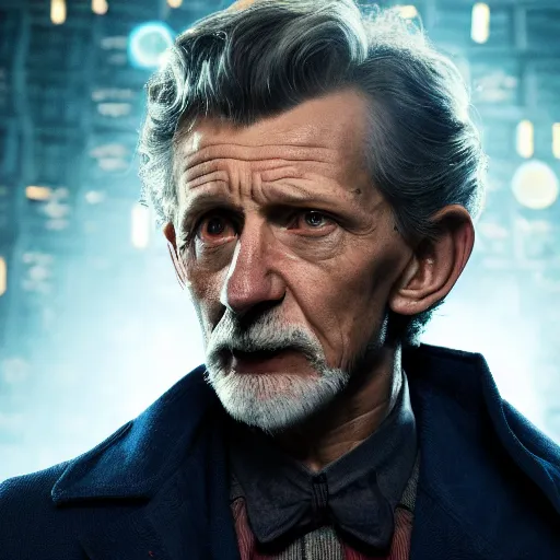 Image similar to tom holland as a rough dirty old man with a scruffy beard in a dark blue trenchcoat as the new doctor who, cinematic, volumetric lighting, f 8 aperture, cinematic eastman 5 3 8 4 film, photorealistic