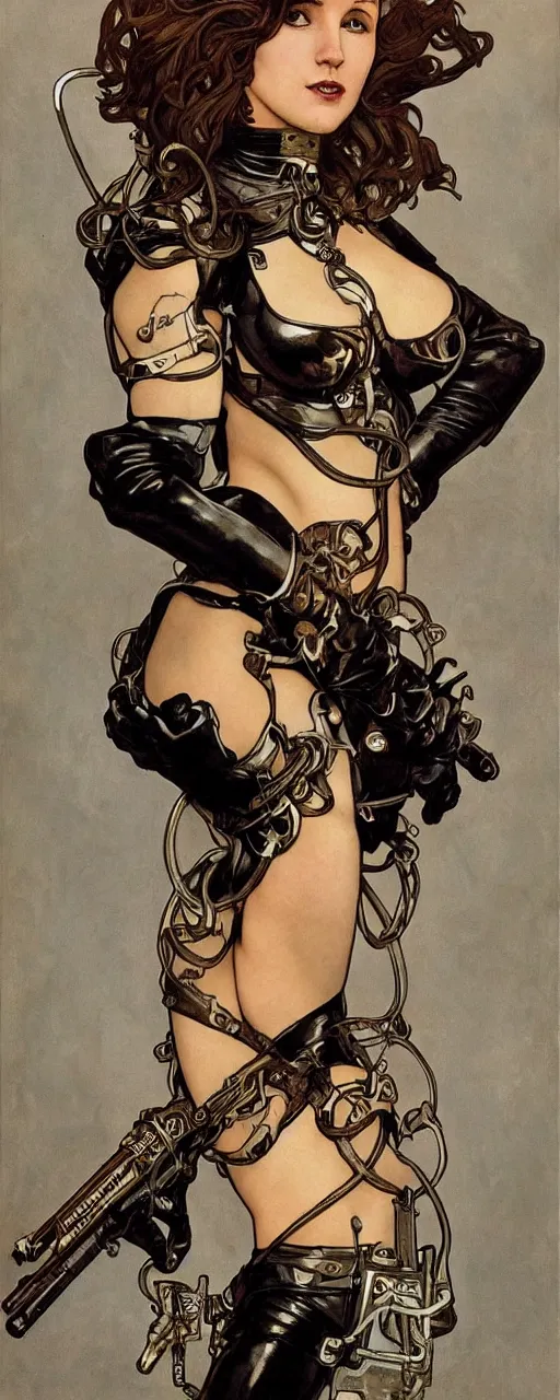 Image similar to striking sensual industrial art nouveau style portrait of kitty pryde as an ironpunk black metal rebel soldier by micgael kaluta, simon bisley and alphonse mucha, photorealism, extremely hyperdetailed, perfect symmetrical facial features, perfect anatomy, ornate declotage, weapon, latex, excited expression, wild eyes