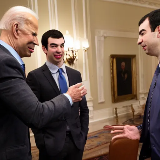 Prompt: Nathan Fielder conversing with Joseph Biden