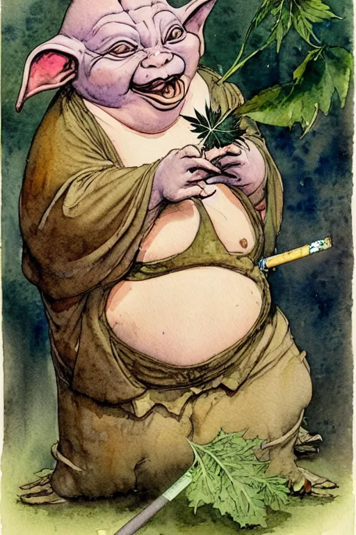 Image similar to a realistic and atmospheric watercolour fantasy character concept art portrait of a fat yoda with pink eyes giggling and holding a blunt with a pot leaf nearby, by rebecca guay, michael kaluta, charles vess and jean moebius giraud