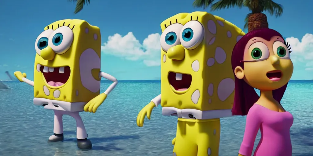 Image similar to “animated Ariana grande and SpongeBob hanging out. 4. Octane render, 4k, 8k, unreal 5, very detailed, hyper realism, trending on artstation.”