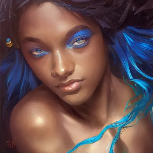 Image similar to a young black girl wearing bikini, blue hair, young simon baker, D&D, fantasy, portrait, highly detailed, digital painting, artstation, concept art, sharp focus, illustration, art by artgerm and greg rutkowski and alphonse mucha, 16k resolution