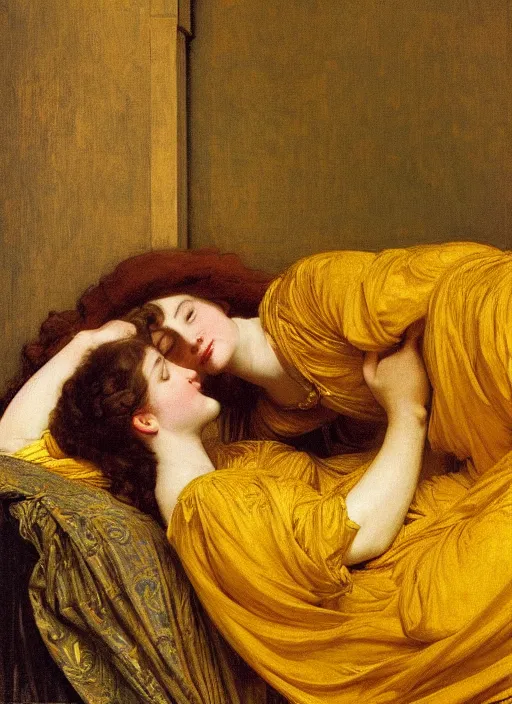 Image similar to masterpiece portrait of lady reclining on spilling flowing bed wearing yellow ochre ornate medieval dress, vertical, foreshortening, colour photography by frederic leighton, william morris, 8 k