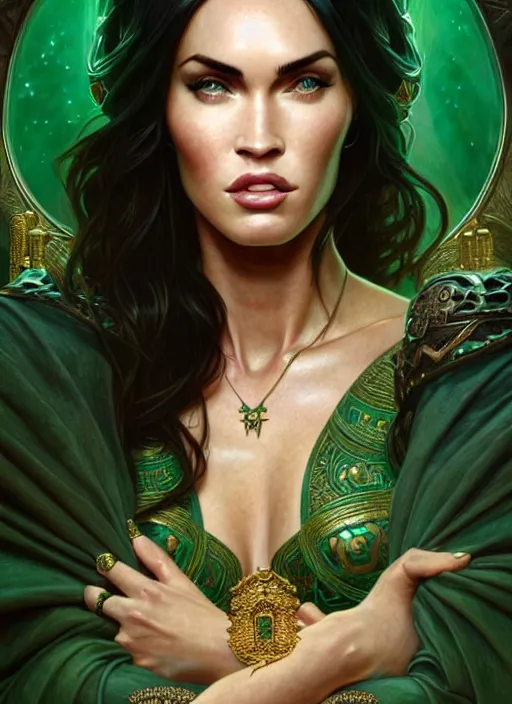 Prompt: portrait of megan fox as a queen, throne, jewelry, greek, dark green, intricate, headshot, highly detailed, digital painting, artstation, concept art, sharp focus, cinematic lighting, illustration, art by artgerm and greg rutkowski, alphonse mucha, cgsociety