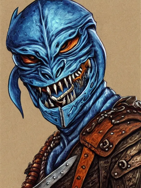 Prompt: art portrait of blue Dragonborn pirate, leather armour, by Larry Elmore ,trending on DeviantArt,face enhance,minimalist, dungeons and dragons,full of colour,