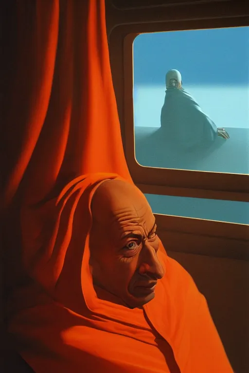 Image similar to portrait of a blind monk in a spaceship, looking out the window, orange robe, dramatic lighting, artstation, matte painting, ralph mcquarrie