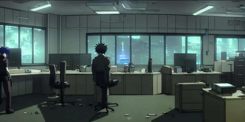 Image similar to an empty after hours cyberpunk police office office in the cyberpunk anime film, Shichiro Kobayashi, screenshot in the anime series ergo proxy ergo proxy ergo proxy and Detroit metal city, interior