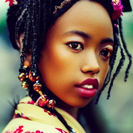 Prompt: “ portrait of a beautiful young african - asian female model wearing a kimono. golden hour. zeiss 1 5 0 mm f 2. 8 hasselblad, award - winning photo. ”