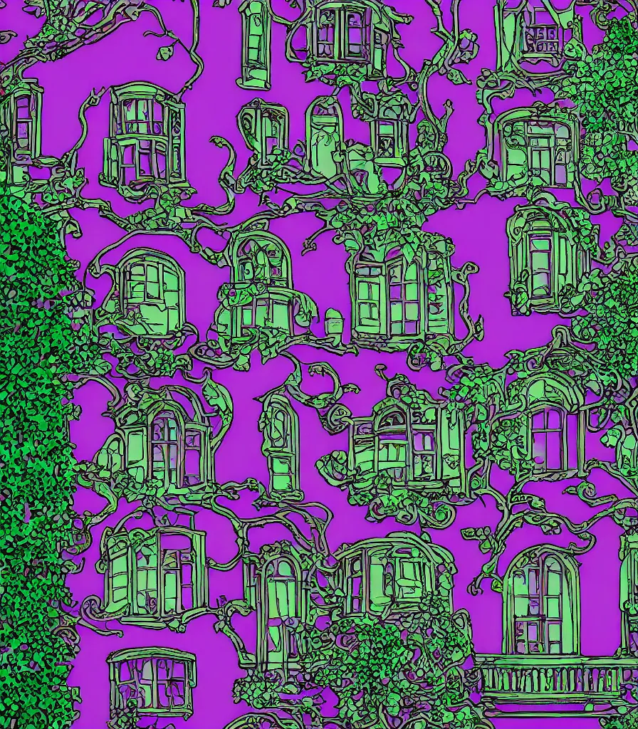 Image similar to a purple and green studio ghibli victorian house, ornate details, realistic windows, 3 5 mm photography