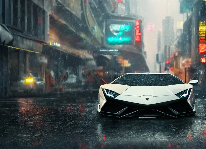 Image similar to Photo of Futuristic Lamborghini supercar on wet city streets by craig mullins and James Gurney, hyperdetailed, dramatic camera angle, octane render 8k,cyberpunk, neon, photorealistic