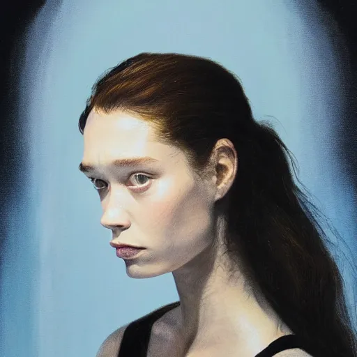 Prompt: Astrid Frisbey in the style of Paola Vetri, head and shoulders portrait, stormy weather, extremely detailed masterpiece, oil on canvas, low-key neon lighting, artstation, Blade Runner 2049, Roger Deakin’s cinematography, by J. C. Leyendecker and Peter Paul Rubens and Edward Hopper and Michael Sowa,