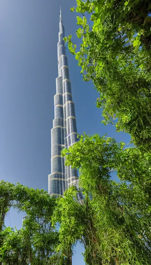 Image similar to the burj khalifa with plants and vines and greenery growing on it. in a beautiful green metropolis surrounded by flowers, trees and greenery.