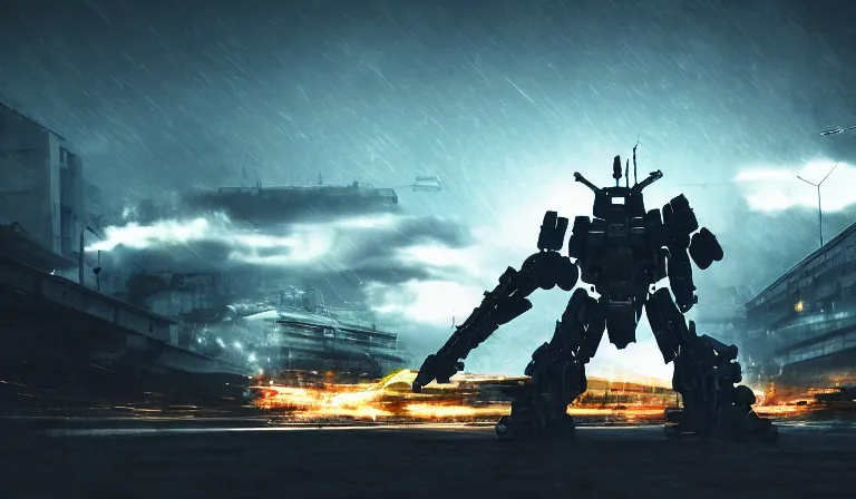 Image similar to an armored core v by liam wong, booster flares, legs, laser rifles, karst landscape, outdoor, dark blue sky, cloud, wilderness ground, golden time, twilight ; wide shot, digital painting, photoreal, cinematic contrast, dynamic backlighting, sharp edge, motion blur