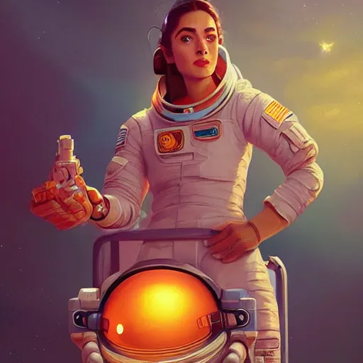 Prompt: female astronaut portrait, maya ali mage, gloomhaven, dynamic lighting, gaudy colors, octane render aesthetic, matte painting concept art, official fanart behance hd artstation by jesper ejsing, by rhads and makoto shinkai and lois van baarle and ilya kuvshinov and rossdraws