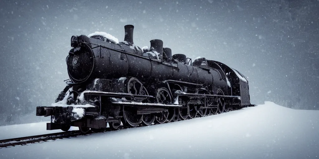 Image similar to a high detail photograph of a heavy steam train in the snow under a blizzard, realism, 4 k, award winning photograph, octane render, bloom, night, fog, high details