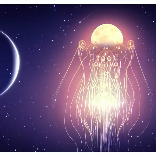 Image similar to a cybernetic jellyfish enveloping the moon, highly detailed, cinematic, stars in the background