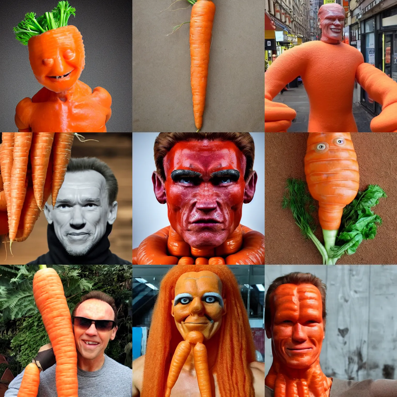 Prompt: photo of a human carrot!!!!!! with a face of arnold schwarzenegger