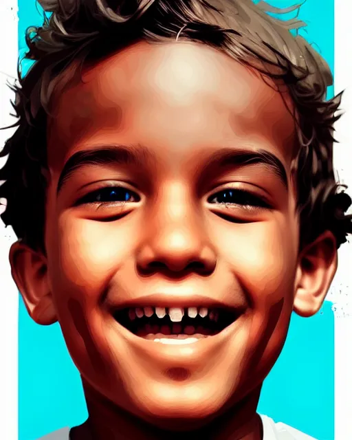 Prompt: digital art of smiling boy, illustration, highly detailed, simple, no jagged lines, smooth, artstation, artwork by obey, artwork by sandra chevrier