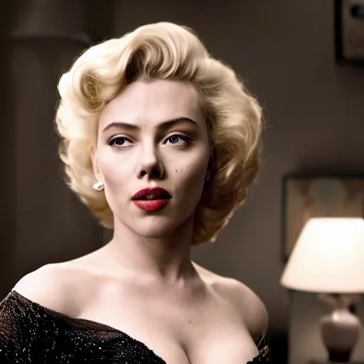 Image similar to stunning awe inspiring scarlett johansen as marilyn monroe, movie still 8 k hdr atmospheric lighting