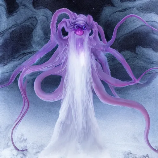 Image similar to an ethereal dream like fantasy fluffy ghost like spooky live action muppet wraith like figure with a squid like parasite latched as its head and four long tentacles for arms that flow gracefully at its sides like a cloak while it floats around a frozen rocky tundra in the snow searching for lost souls and that hides amongst the shadows in the trees, this character has cryokinesis and electrokinesis and is a real muppet by sesame street for a spooky halloween special, photo realistic, real, realistic, felt, stopmotion, photography, sesame street