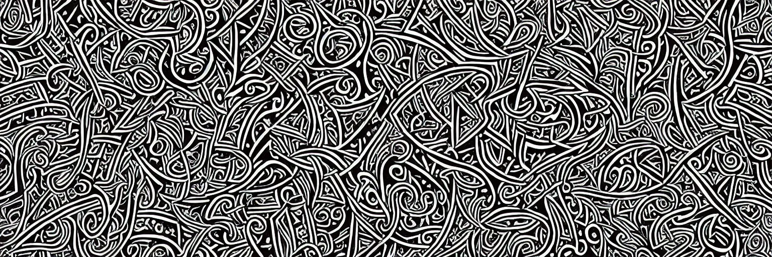 Image similar to intricate design pattern for elvish symbols and runes tattoos, white lines on black background