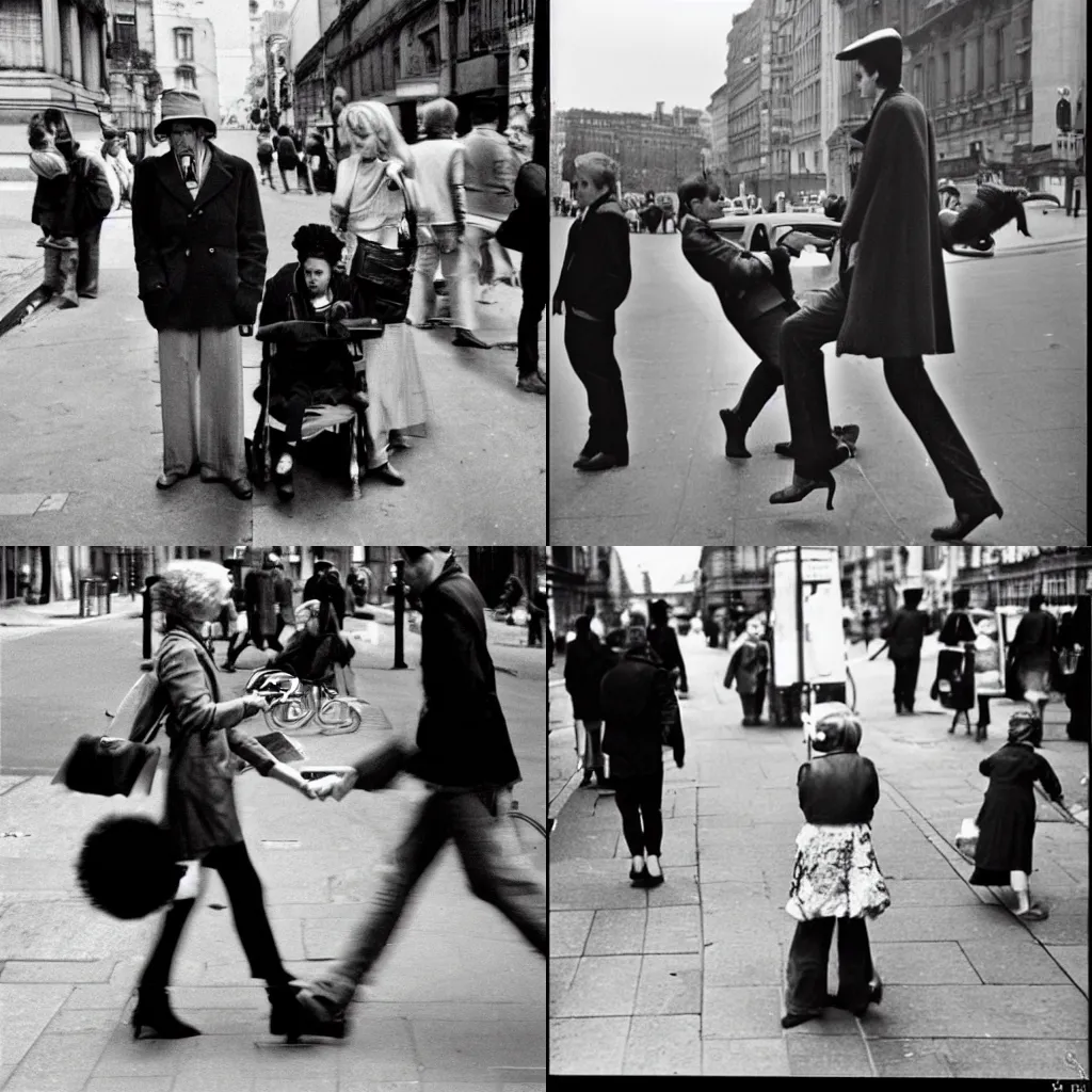 Prompt: Amusing street photo, taken on a Leica camera by Henri Cartier-Bresson