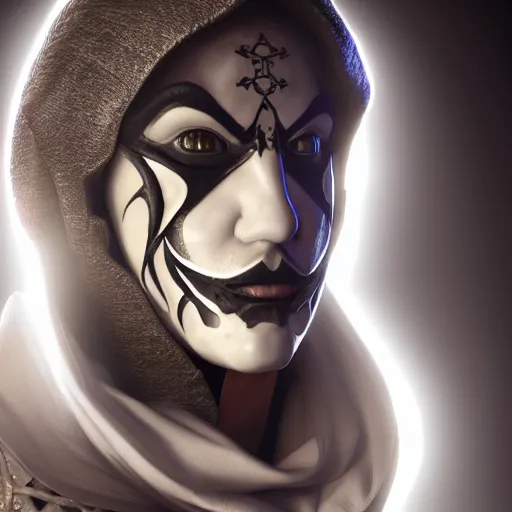 Prompt: a digital art close up portrait of hooded bard with porcelain mask in style of d & d character, handsome warlock with magic character sheet, light clown makeup, 4 k, ultra detail, volumetric lighting, unreal engine, octane render, grimdark