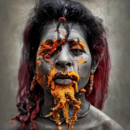 Image similar to realistic exposed expired fuji film portrait of aghori india woman covered in ash, tentacled creature mix, marigold celestial vibe, hyperrealism, hypermaxiymalism, photorealistic, detailed, atmospheric, 8 k, award winning photography, cinematic