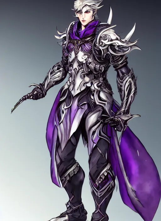 Prompt: Full body portrait of a handsome elven aristocrat with short hair wearing purple heavy armor. In style of Yoji Shinkawa and Hyung-tae Kim, trending on ArtStation, dark fantasy, great composition, concept art, highly detailed, dynamic pose.