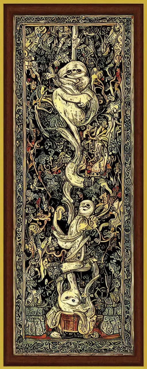 Image similar to sloth as the king of cups, framed, intricate details, medieval art style, high contrast, posterized